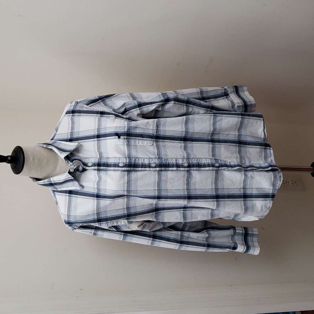 Urban Up Pipeline Men's Plaid (Blue, Gray, White) Button Down Shirt, Size Large